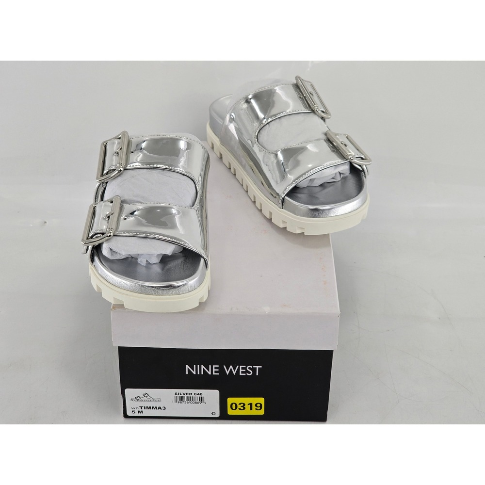 Nine West Timma3 Slide Sandals Womens 5 Silver Metallic Buckle - NEW